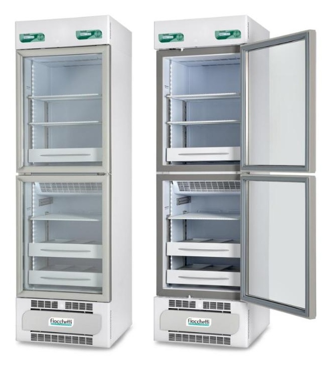 Frigorifero per farmacia Fiocchetti Medika 2T 400 a doppia temperatura, porte chiuse e aperte