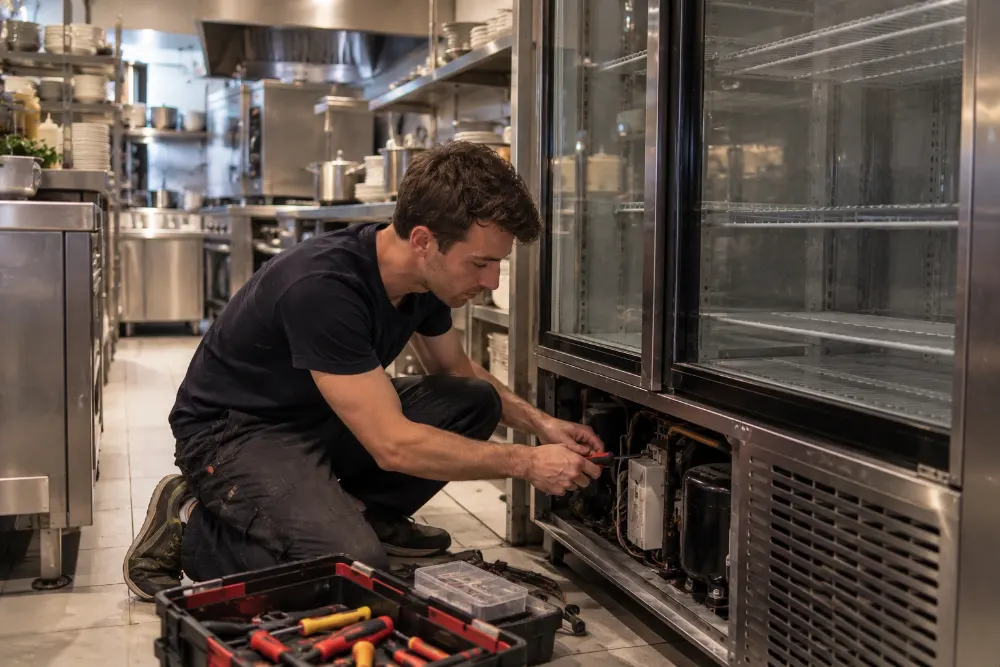 Tecnico frigorista al lavoro su un frigorifero professionale in cucina